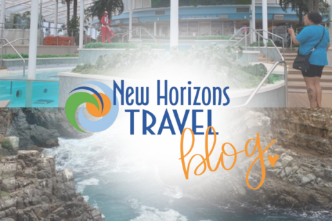 new horizons travel logo with picture of resort in background