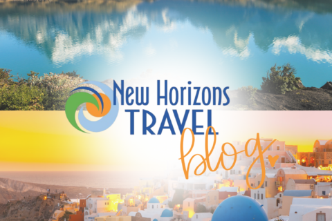 new horizons travel logo with mountains, lake, and cyclades in background