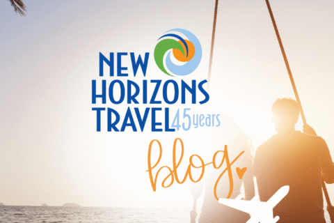 A couple sitting together on the beach facing the ocean featureing the New Horizons Logo